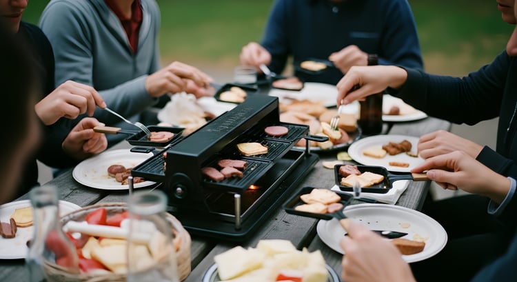 a group of people eating at a campground picnic table using a raclette as an example of RV kitchen appliances